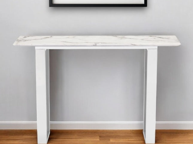 47" White and Silver Faux Marble Sled Console Table
