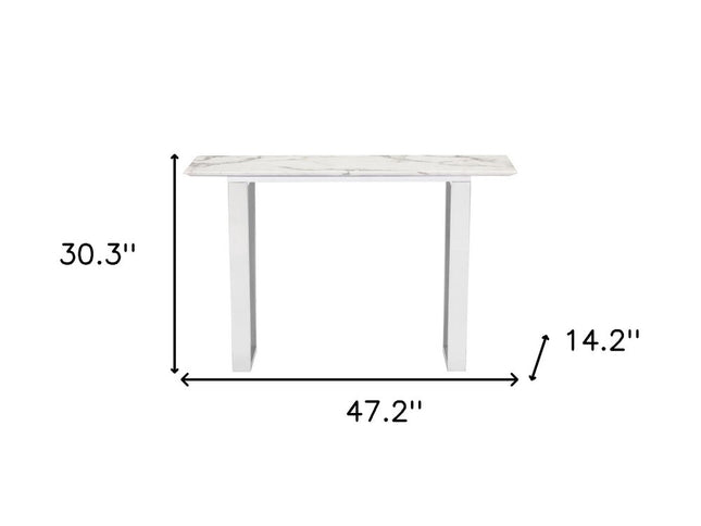 47" White and Silver Faux Marble Sled Console Table