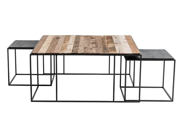 Set of Three 39" Brown And Black Solid Wood And Iron Square Nested Coffee Tables