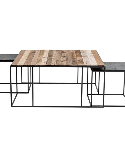 Set of Three 39" Brown And Black Solid Wood And Iron Square Nested Coffee Tables