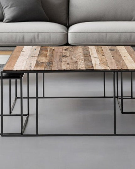 Set of Three 39" Brown And Black Solid Wood And Iron Square Nested Coffee Tables