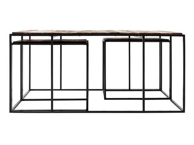 Set of Three 39" Brown And Black Solid Wood And Iron Square Nested Coffee Tables