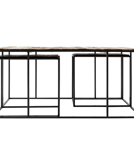 Set of Three 39" Brown And Black Solid Wood And Iron Square Nested Coffee Tables