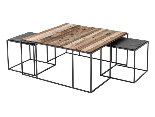 Set of Three 39" Brown And Black Solid Wood And Iron Square Nested Coffee Tables