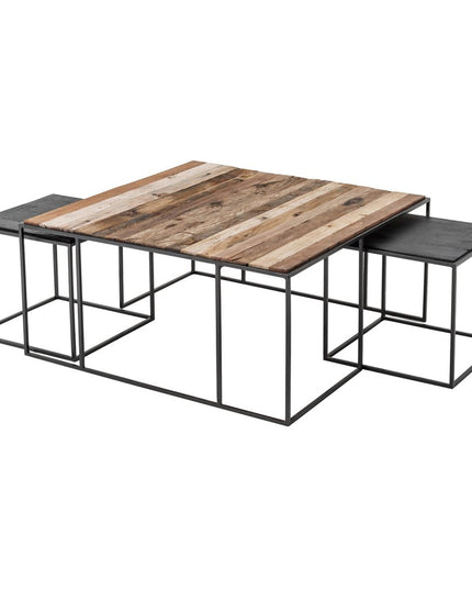 Set of Three 39" Brown And Black Solid Wood And Iron Square Nested Coffee Tables