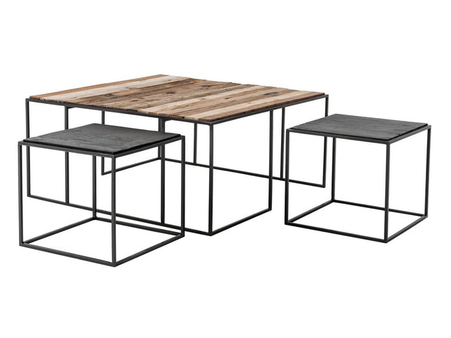Set of Three 39" Brown And Black Solid Wood And Iron Square Nested Coffee Tables