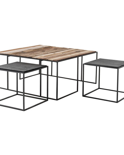 Set of Three 39" Brown And Black Solid Wood And Iron Square Nested Coffee Tables