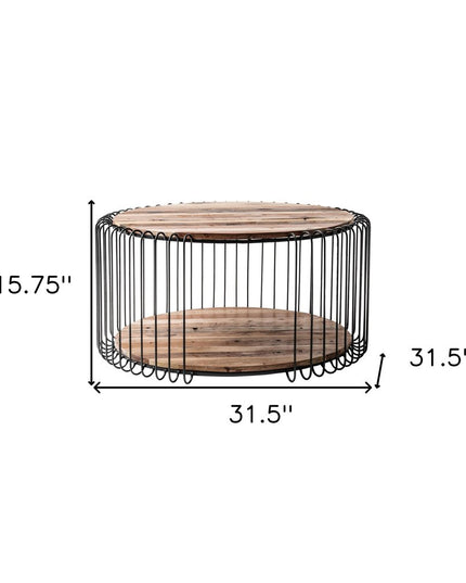 32" Natural And Black Solid Wood And Steel Round Coffee Table With Shelf
