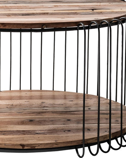 32" Natural And Black Solid Wood And Steel Round Coffee Table With Shelf