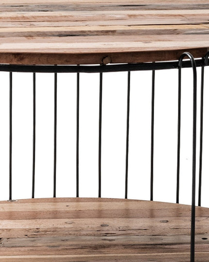 32" Natural And Black Solid Wood And Steel Round Coffee Table With Shelf