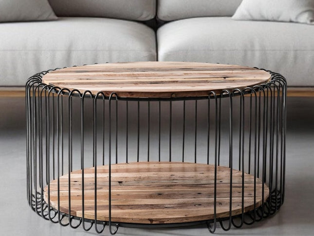 32" Natural And Black Solid Wood And Steel Round Coffee Table With Shelf