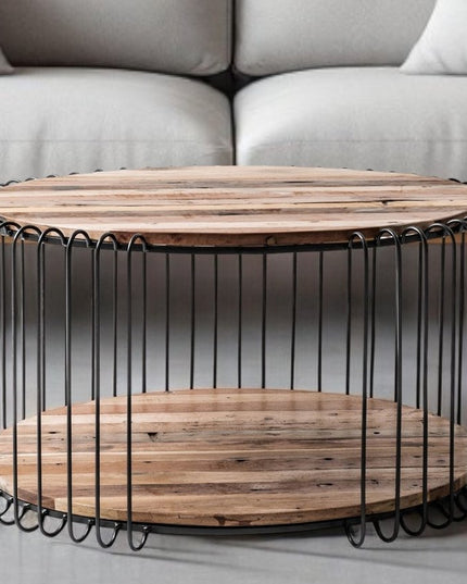 32" Natural And Black Solid Wood And Steel Round Coffee Table With Shelf