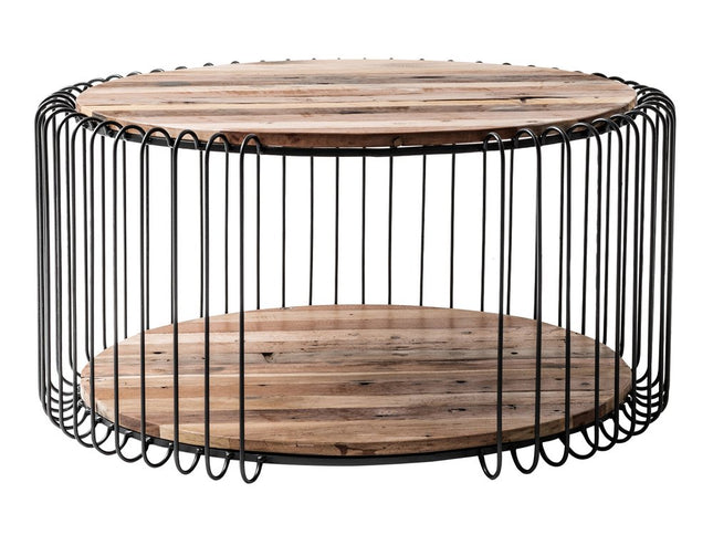 32" Natural And Black Solid Wood And Steel Round Coffee Table With Shelf