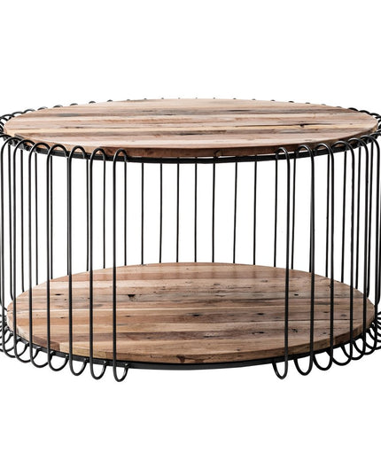 32" Natural And Black Solid Wood And Steel Round Coffee Table With Shelf