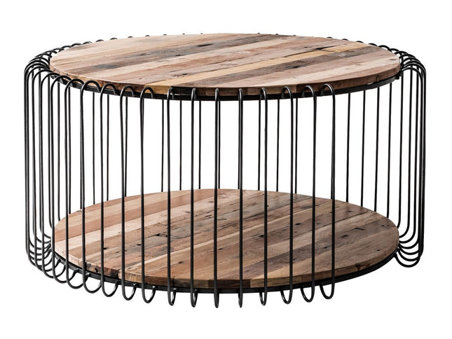 32" Natural And Black Solid Wood And Steel Round Coffee Table With Shelf