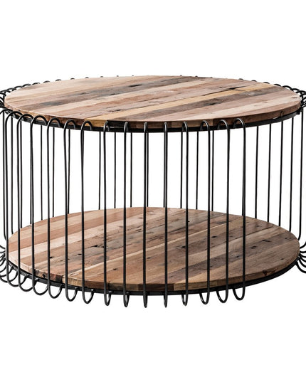 32" Natural And Black Solid Wood And Steel Round Coffee Table With Shelf