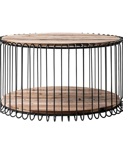 32" Natural And Black Solid Wood And Steel Round Coffee Table With Shelf