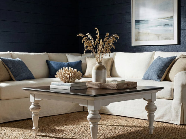 39" Brown and White Wood Square Distressed Coffee Table