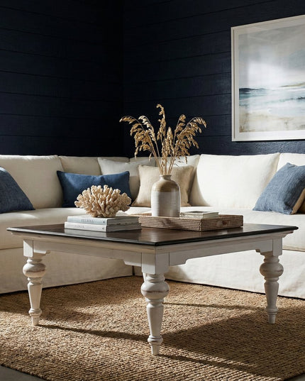 39" Brown and White Wood Square Distressed Coffee Table