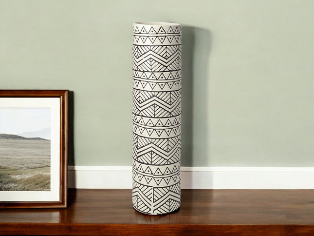 17" Cream and Charcoal Geometric Cylinder Ceramic Vase