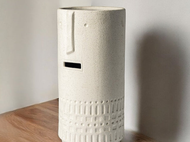 14" White Abstract Cylinder Ceramic Table Vase