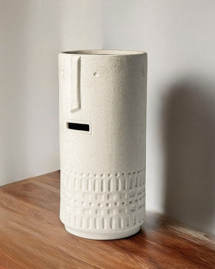 14" White Abstract Cylinder Ceramic Table Vase