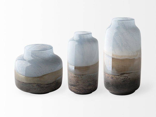 15" Blue And Beige Abstract Cylinder Crystal Glass Table Vase