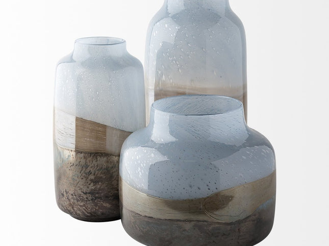 15" Blue And Beige Abstract Cylinder Crystal Glass Table Vase