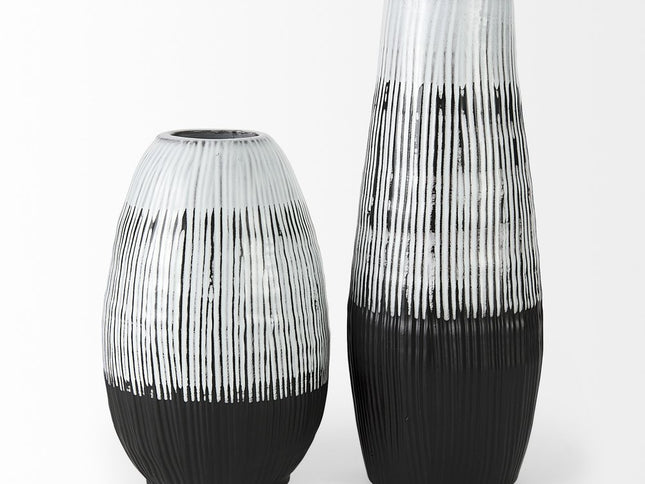 13" Black Gray And White Abstract Cylinder Ceramic Table Vase