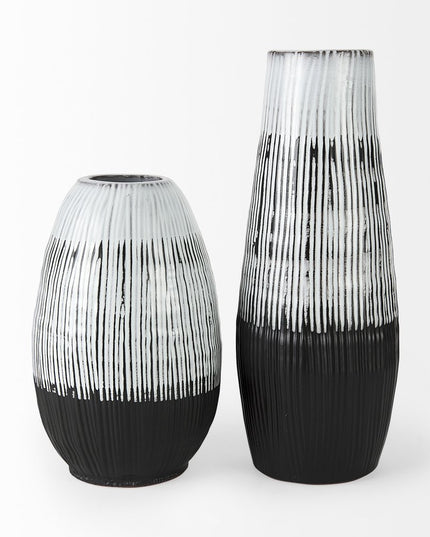 13" Black Gray And White Abstract Cylinder Ceramic Table Vase