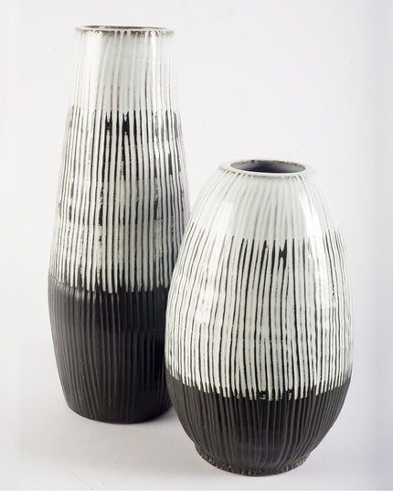 13" Black Gray And White Abstract Cylinder Ceramic Table Vase