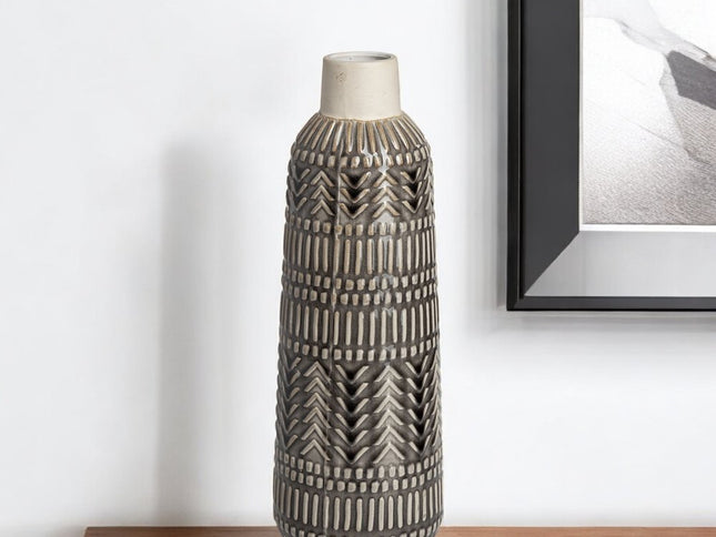 14" Gray Abstract Cylinder Ceramic Table Vase