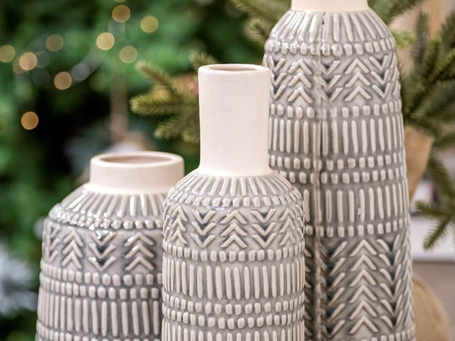 14" Gray Abstract Cylinder Ceramic Table Vase