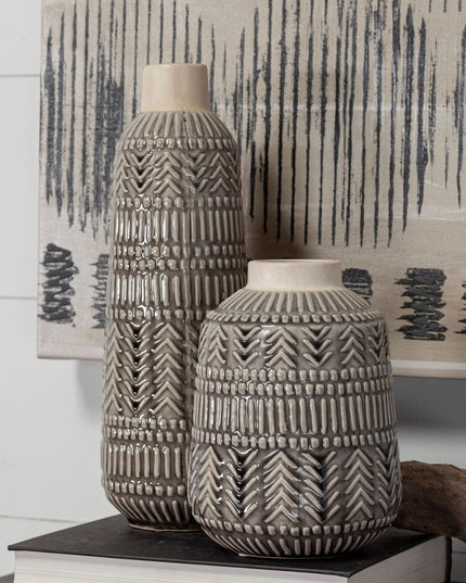 14" Gray Abstract Cylinder Ceramic Table Vase