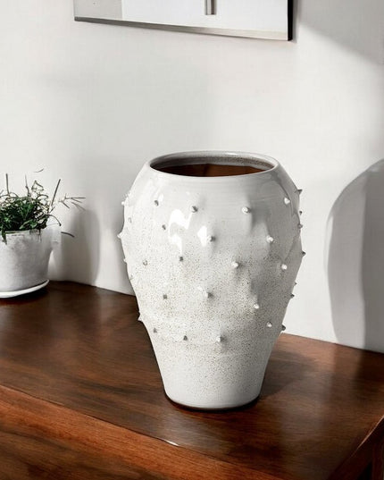 14" White Abstract Cylinder Ceramic Table Vase