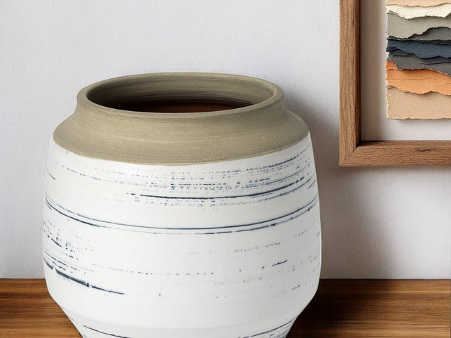 9" White Blue and Sand Abstract Cylinder Ceramic Table Vase