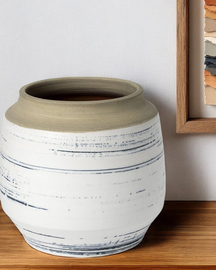 9" White Blue and Sand Abstract Cylinder Ceramic Table Vase