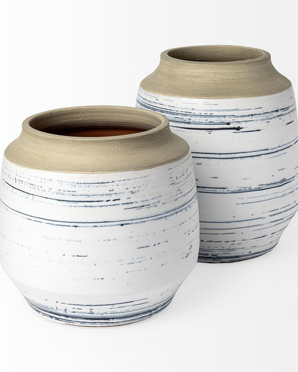 9" White Blue and Sand Abstract Cylinder Ceramic Table Vase