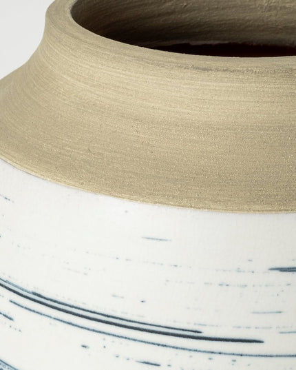 9" White Blue and Sand Abstract Cylinder Ceramic Table Vase