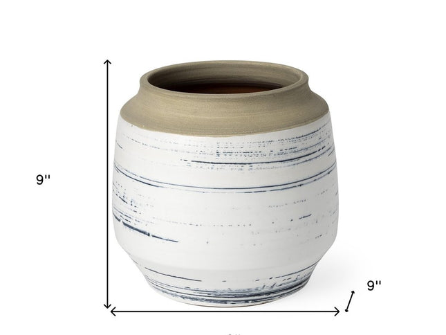 9" White Blue and Sand Abstract Cylinder Ceramic Table Vase