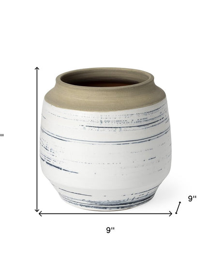 9" White Blue and Sand Abstract Cylinder Ceramic Table Vase