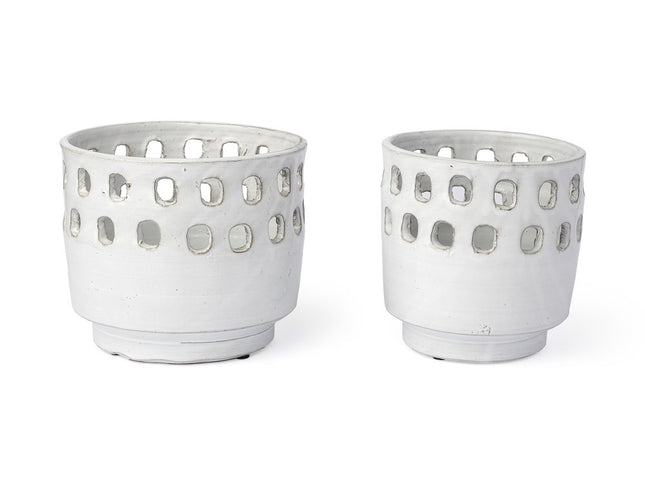 Set of Two White Abstract Cylinder Ceramic Table Vase