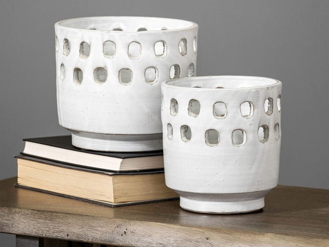 Set of Two White Abstract Cylinder Ceramic Table Vase