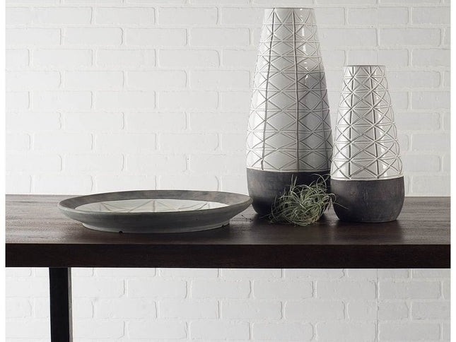 21" Gray And White Abstract Cylinder Ceramic Table Vase