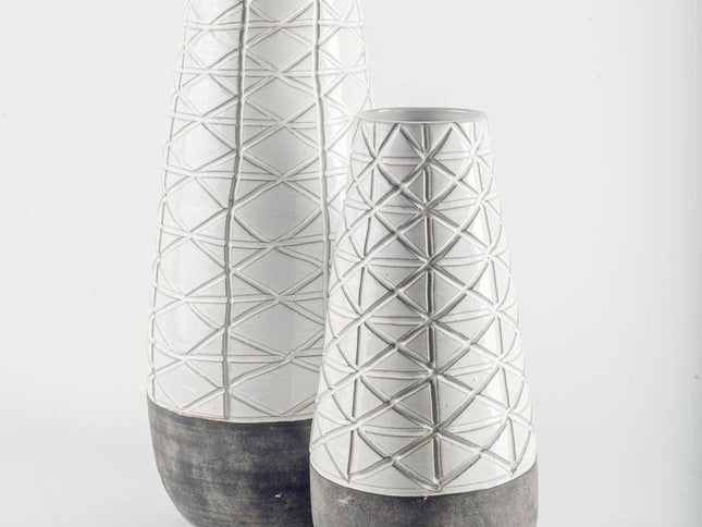 21" Gray And White Abstract Cylinder Ceramic Table Vase