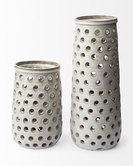 19" White Polka Dots Ceramic Cylinder Table Vase