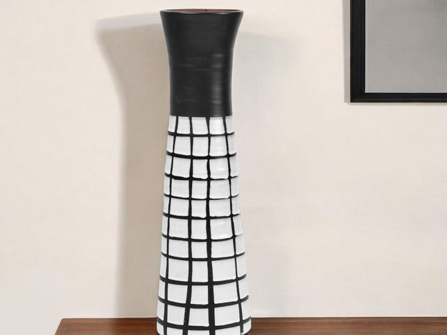 17" Black And White Abstract Cylinder Ceramic Table Vase