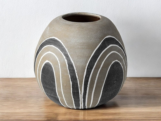 10" Brown And White Abstract Cylinder Ceramic Table Vase