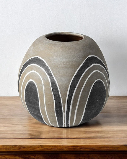 10" Brown And White Abstract Cylinder Ceramic Table Vase