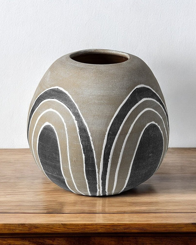10" Brown And White Abstract Cylinder Ceramic Table Vase
